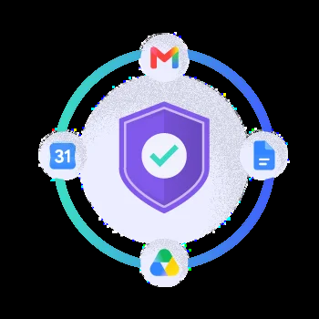 Shield surrounded by Gmail, Google Calendar, Google Drive, and Google Docs icons