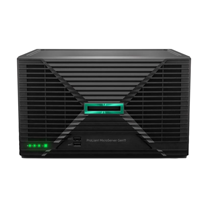 Front of the HPE ProLiant MicroServer Gen11, with black ventilation grille and green HPE badge